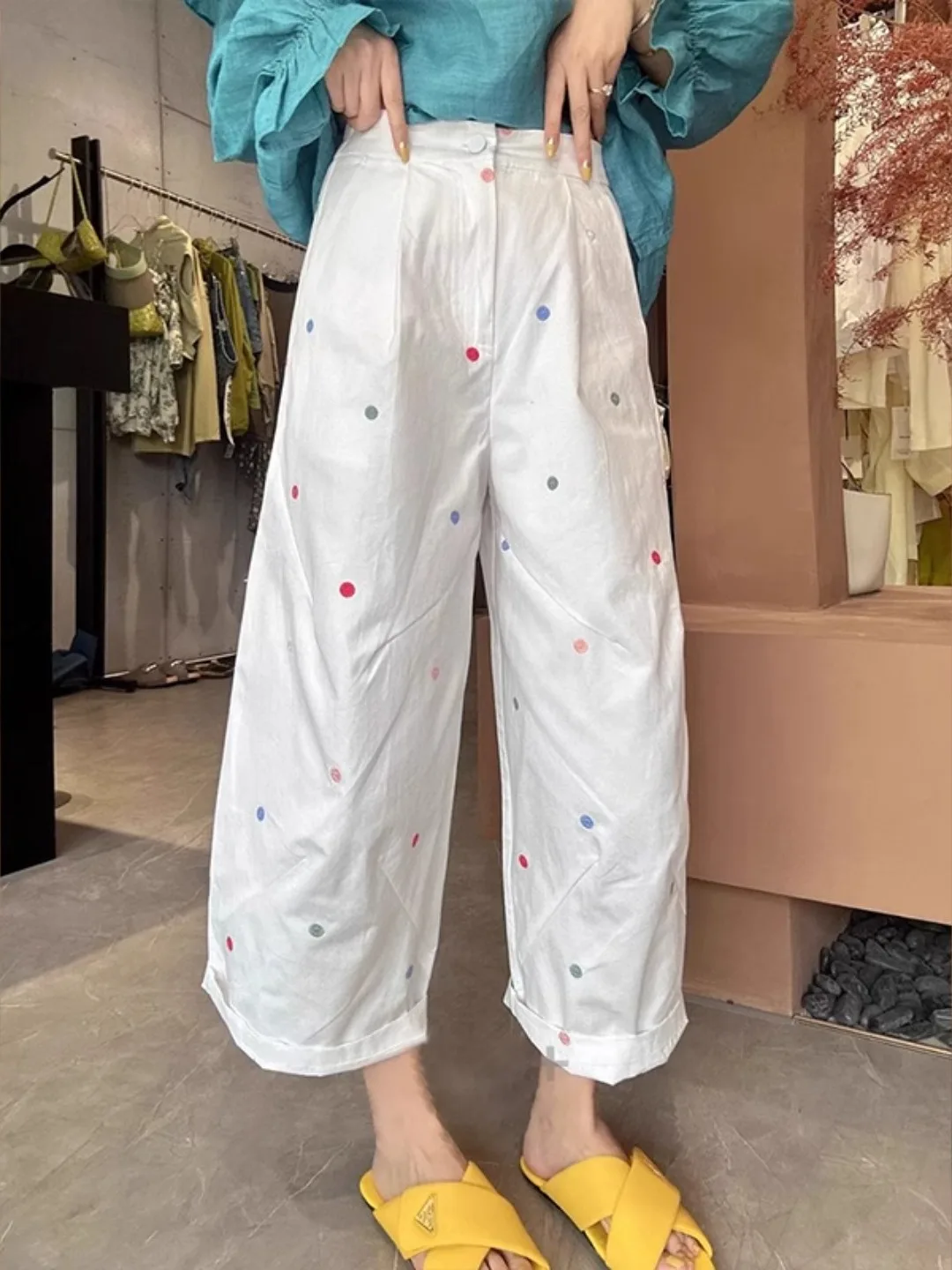 Spodnie damskie z wysokim stanem i szerokimi nogawkami, letnie, cienkie, bawełniane, w kropki, z haftem, codzienne i spodnie dla mamy, retro, eleganckie spodnie do pracy.