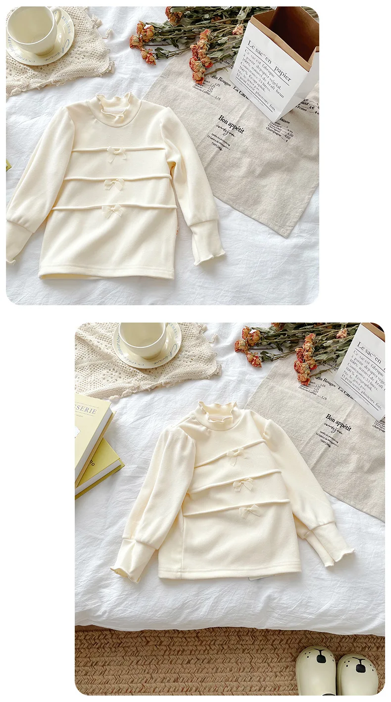 Girls Sweater Base Shirt New Bow Top Autumn and Winter 2024 New Simple Casual Top Korean Simple Style Clothes Sweater Kid