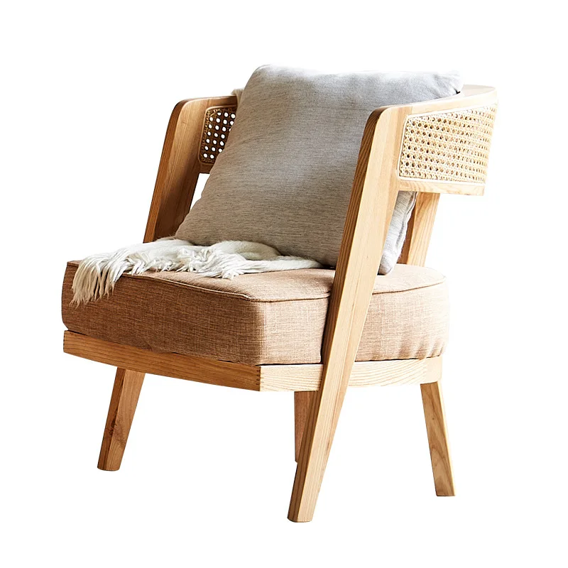 

Household living room rattan chair three-piece set Nordic solid wood leisure recliner bed and breakfast balcony tea seat combina