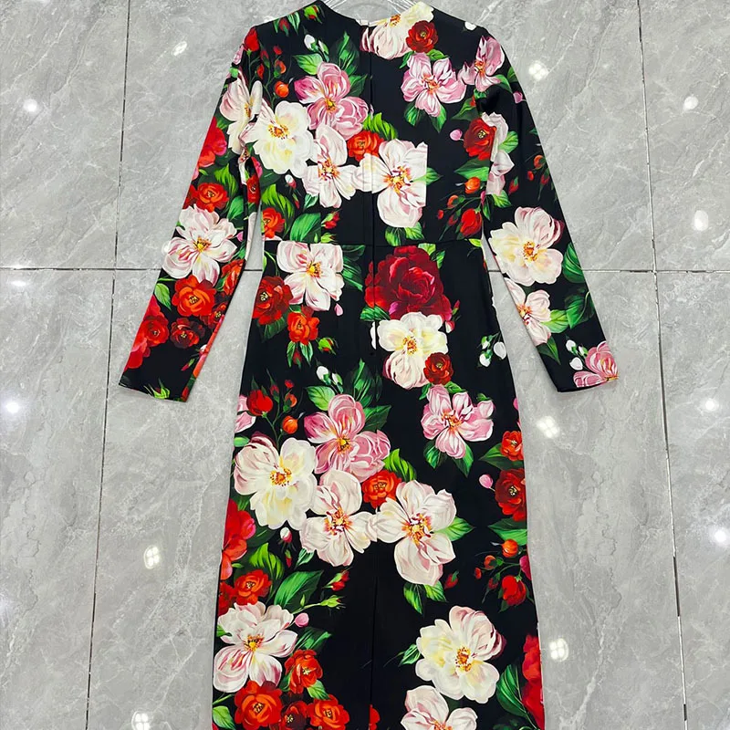 Women's Elegant Peony Printing Silk Slim Dress High End Clothes Long Sleeve Round Collar Zipper Elastic Dresses Plus Size New