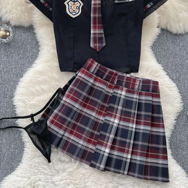 Preppy Chic Sweet Cute Women Uniform Set Transparent Short Sleeve Crop Top With Mini Pleated Plaid Skirt Cosplay Pajama Lingerie