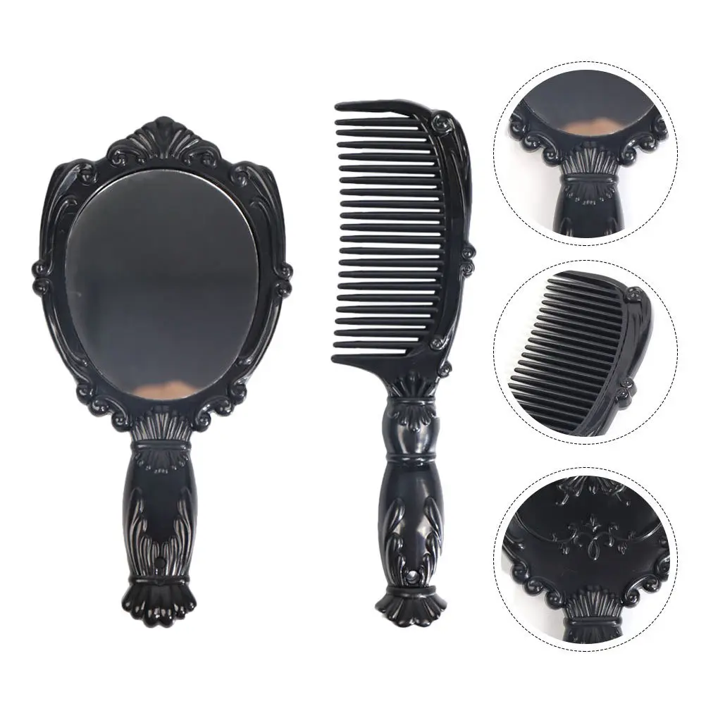 

1Set Mini Compact Comb Mirror Set Black Durable Lightweight Handheld Hairdressing Makeup Smooth Handle Portable Mirror Comb