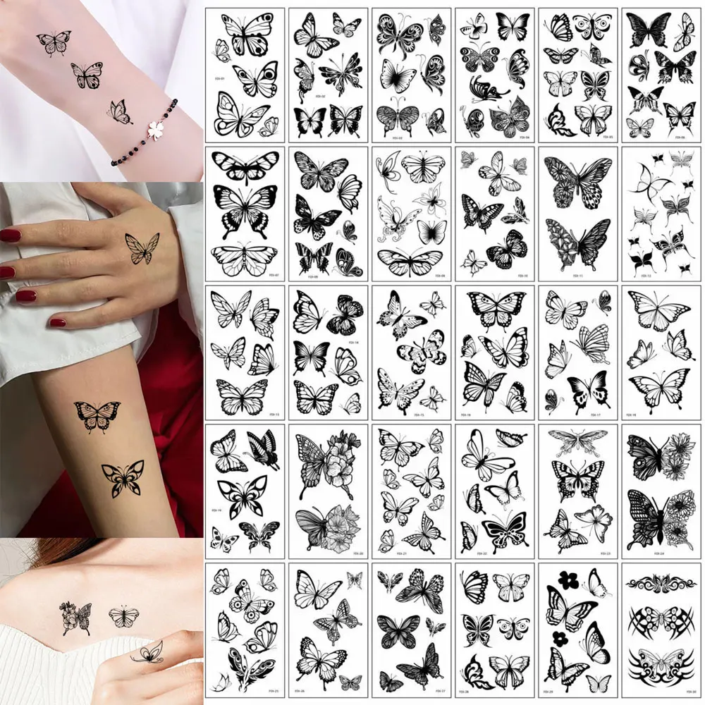 

30Pcs Black Butterfly Tattoo Stickers for Women Waterproof Temporary Tattoos for Hand Chest Body Makeup Fake Tattoo
