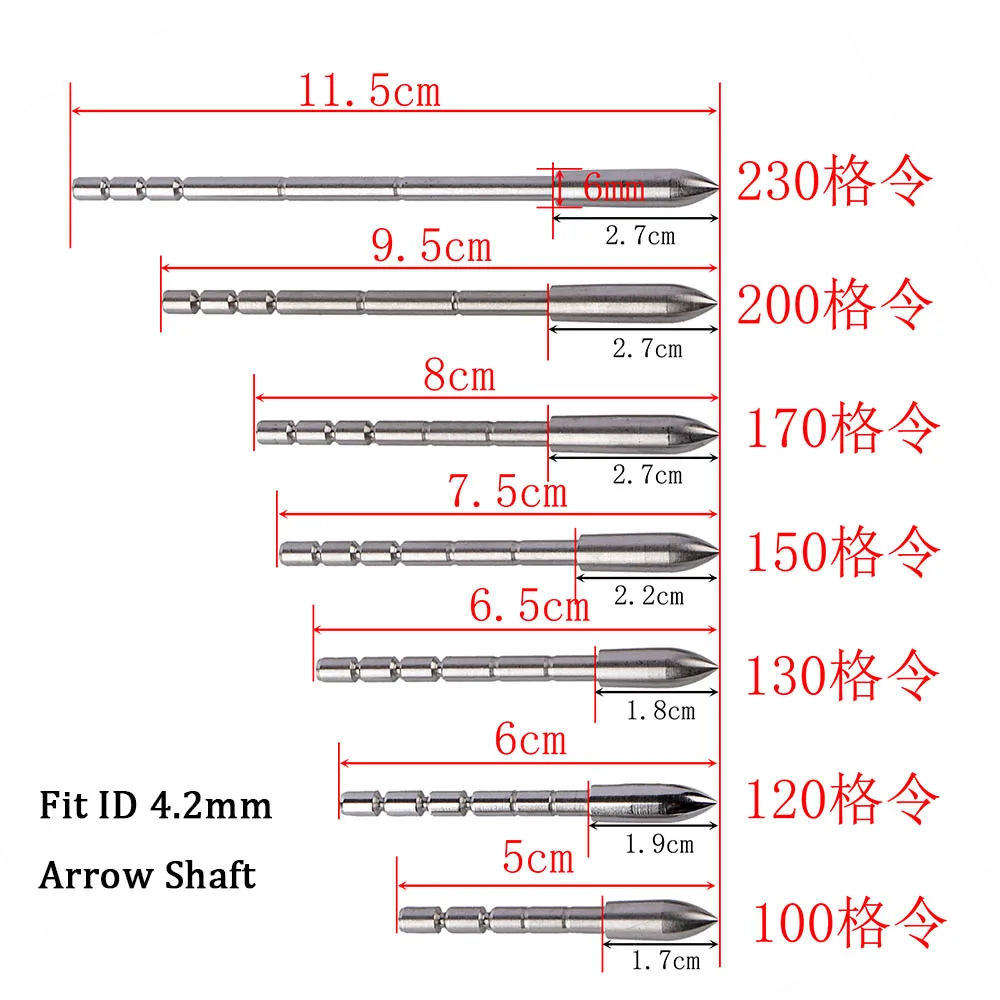 Arcehry 80 100 120 150 170 200 230grain Arrow Point Tip Stainless Steel Arrowhead For ID 3.2/4.2mm Arrow Shaft Hunting Shooting