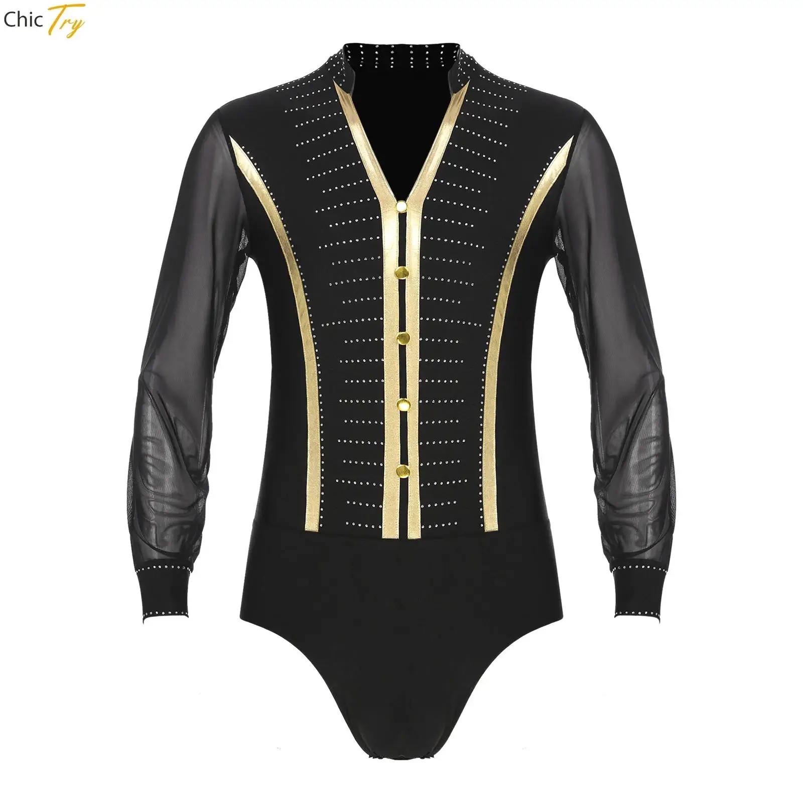 Man Rhinestones Latin Dance Wear Shirt Bodysuit Ballroom Cha Cha Rumba Dance Costumes Long Sleeves Bodysuit Latin Practice Wear