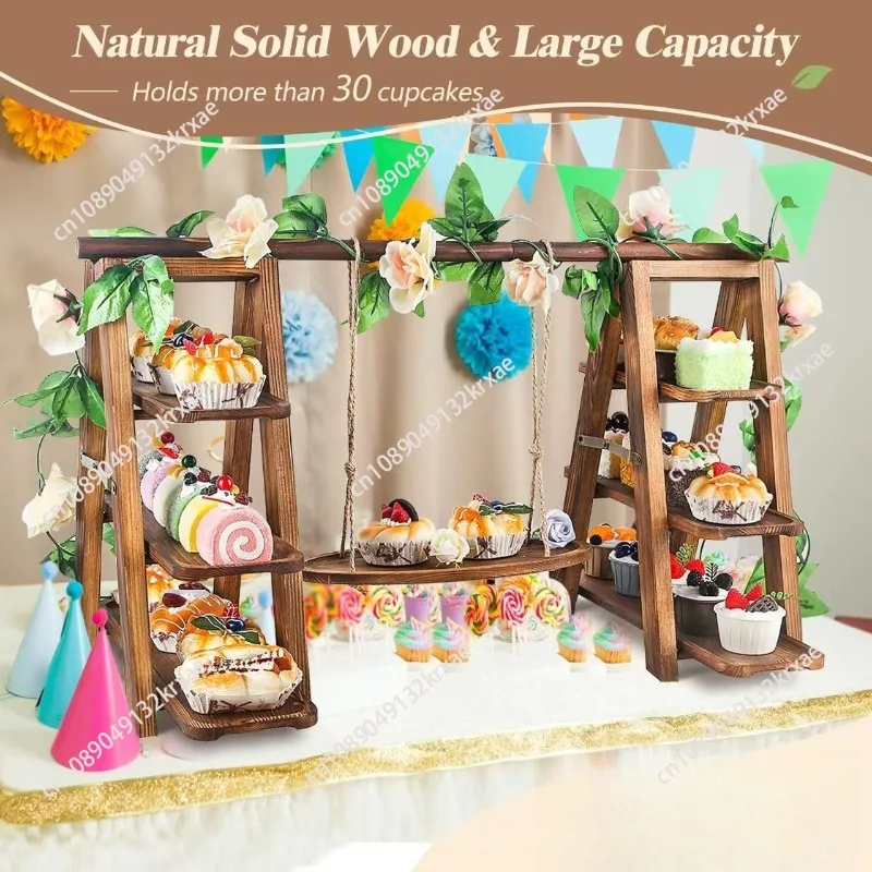 Wooden Three-tier Cupcake Stand with Swing and Floral Decoration: Removable Tray, Foldable Ladder