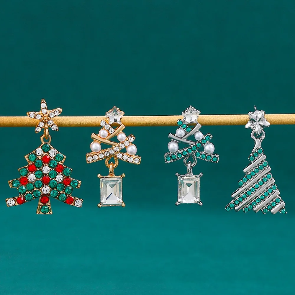 A new pair of stylish diamond-set Christmas tree earrings, personality Christmas colored diamond women's holiday party gifts