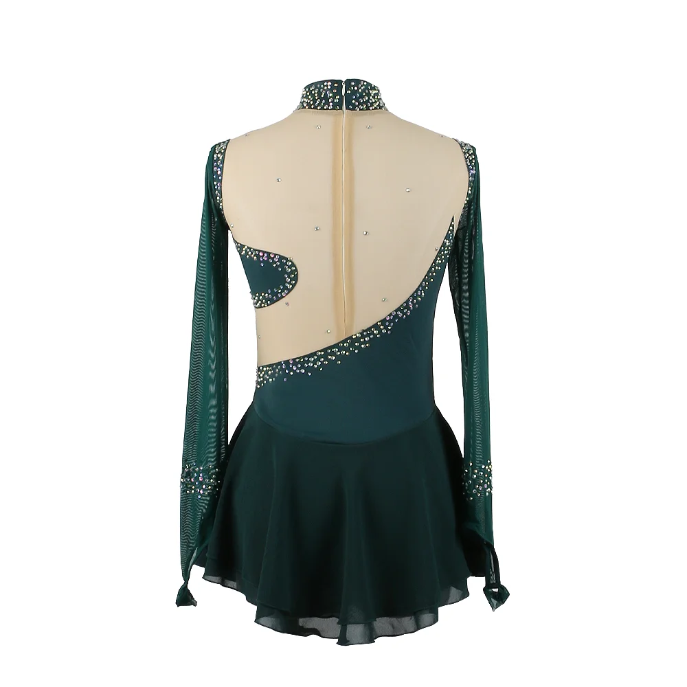 Zagitova-vestido de patinaje artístico para mujer y niña, ropa de patinaje sobre hielo, manga larga, verde salvaje con diamantes