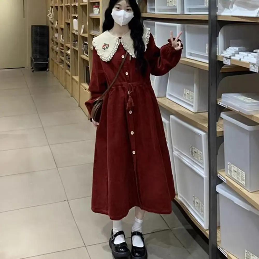 Plus Size 5XL 140KG Women Autumn Winter lolita Dress Long Sleeve Princess Flower Corduroy Dress Casual Big Collar Sweet Dresses