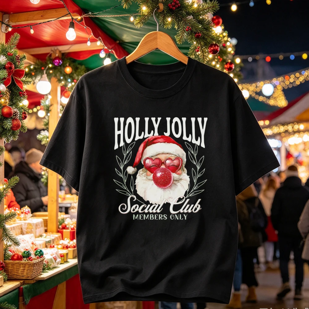 Holly Jolly Social Club Members Only Graphic T Shirt Santa Claus Heart Sunglasses Bubble Gum Print Retro Christmas Casual Tees