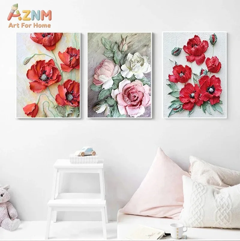 AZNM 3D Textured Pink Rose Peony Hydrangea Canvas Wall Art, Hand Painted Style Floral Oil Painting Print, Frameless Pastel Flowe