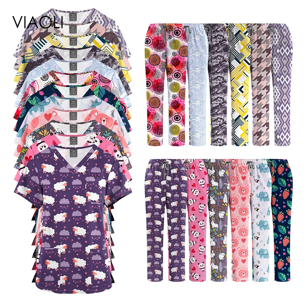 

Fashionable New Printing Scrub Set Unisex Medical Scrubs Women Elastic Breathable Beauty SPA Uniform Nurse Female Top Pants Sets