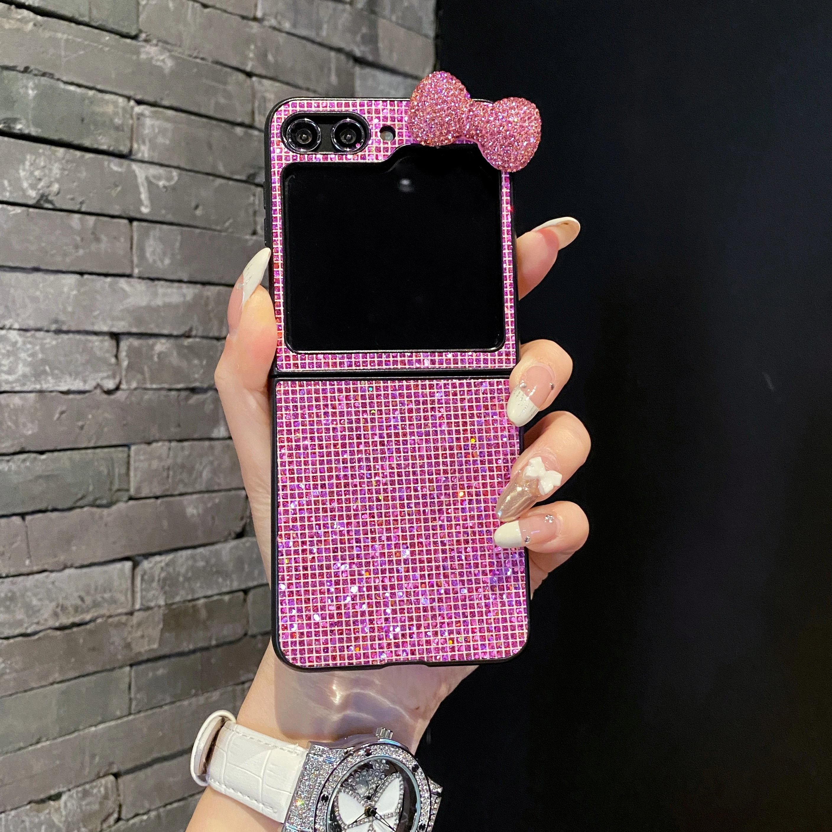 한국 귀여운 패션 3D 핑크 블링 다이아몬드 보우 노트 폰 케이스 삼성 갤럭시 Z 플립 6 5 4 3 5G 플립7FE 하드 충격 방지 커버