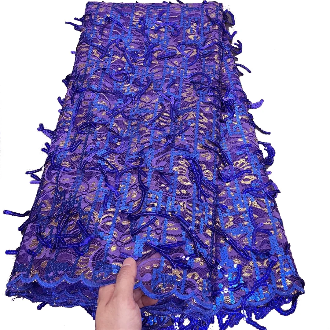 

(5yards/pc) high quality blue fuchsia French net lace embroidered African sequins tassels lace fabric for party dress FLP332