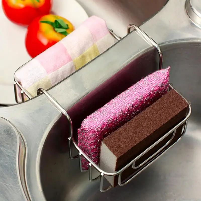 Rustproof Stainless Steel Double Sided Sponge Draining Rack Hanging Sink Basket for Kitchen Organization