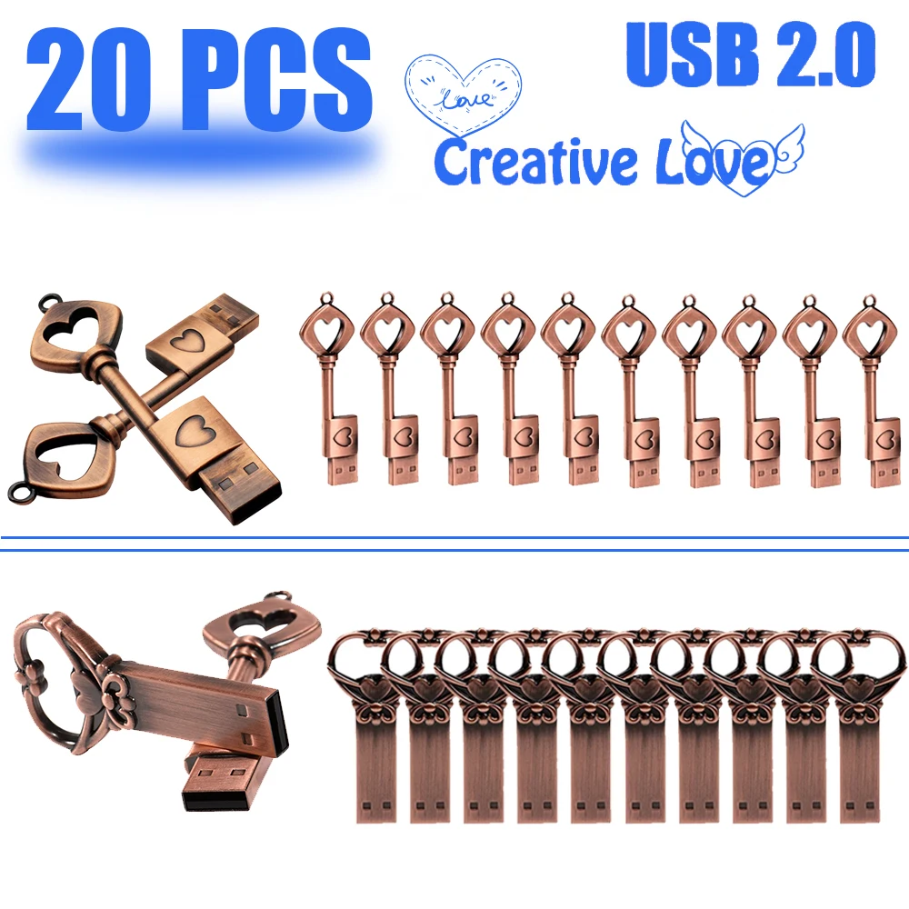 

Retro Creative Metal Key USB 2.0 Flash Drive Heart Pen Drive 20 PCS LOT Memory Stick Fashion Business Gift U Disk 64GB 32GB 16GB