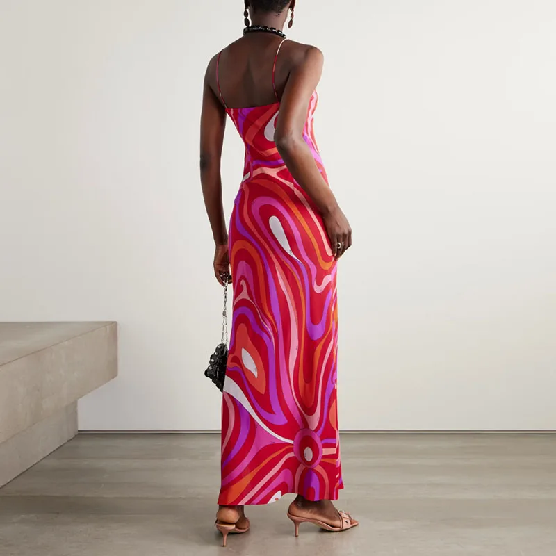 Boho sexy scollo a V spacco laterale abiti lunghi donna modello primaverile stampa abito da sera sottile abito estivo con spalline in raso senza schienale