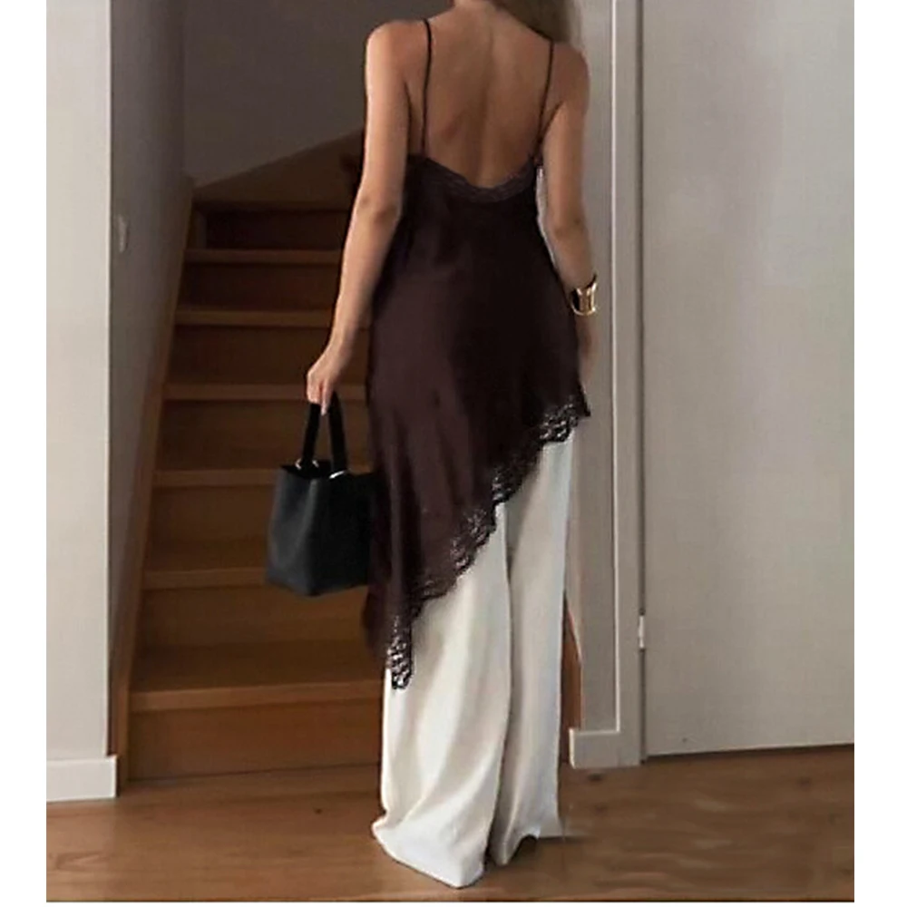 Sexy Satin Lace Splicing Sling Dress for Women Elegant Irregular Hem V Neck Sleeveless Backless Lady Chic Party Club Vestidos