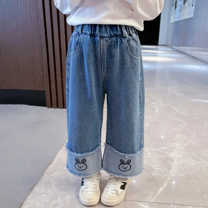 2024 Foreign Style To Wear Girls Baby Fried Street  New Spring Girls' Pants Spring and Autumn Children Jeans Wide-leg Pants