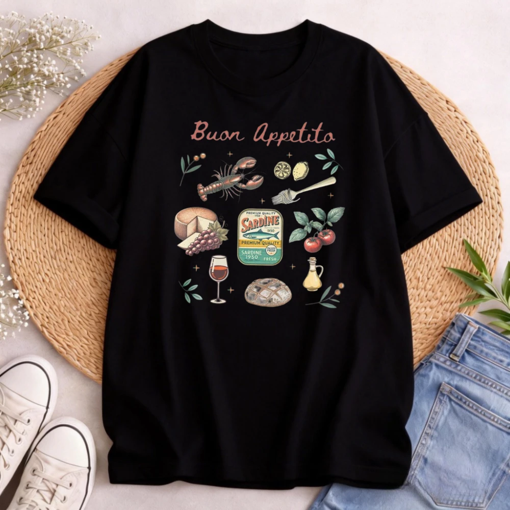 Italian Food Vintage Sardine Tin T-Shirt Trendy Tomato Girl Lobster Buon Appetito Shirt - La Dolce Vita Almafi Coast Summer Tee