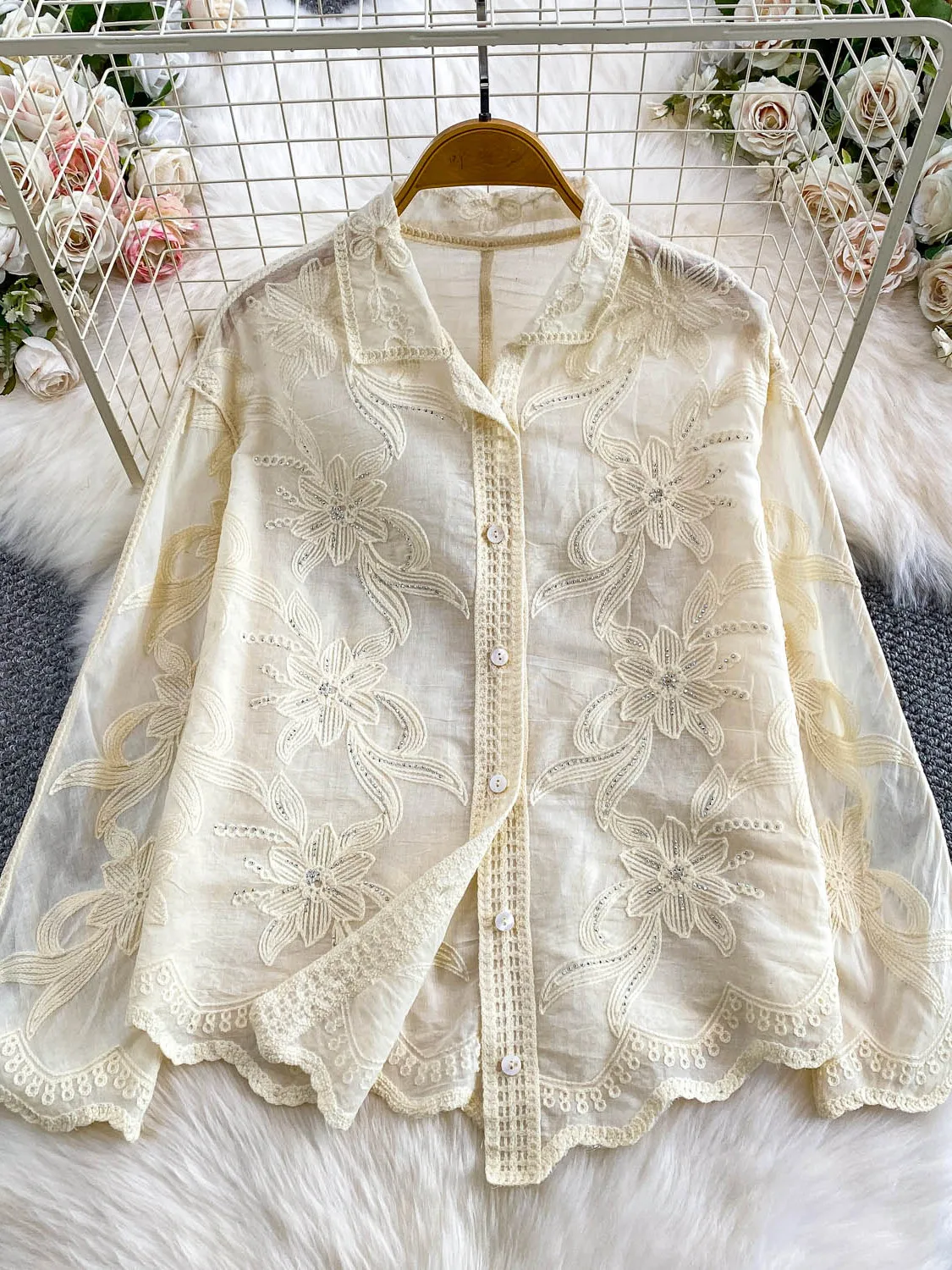 Ele renda gancho bordado pérola botão gola solta feminina irt proteção solar topo para outono inverno uso diário