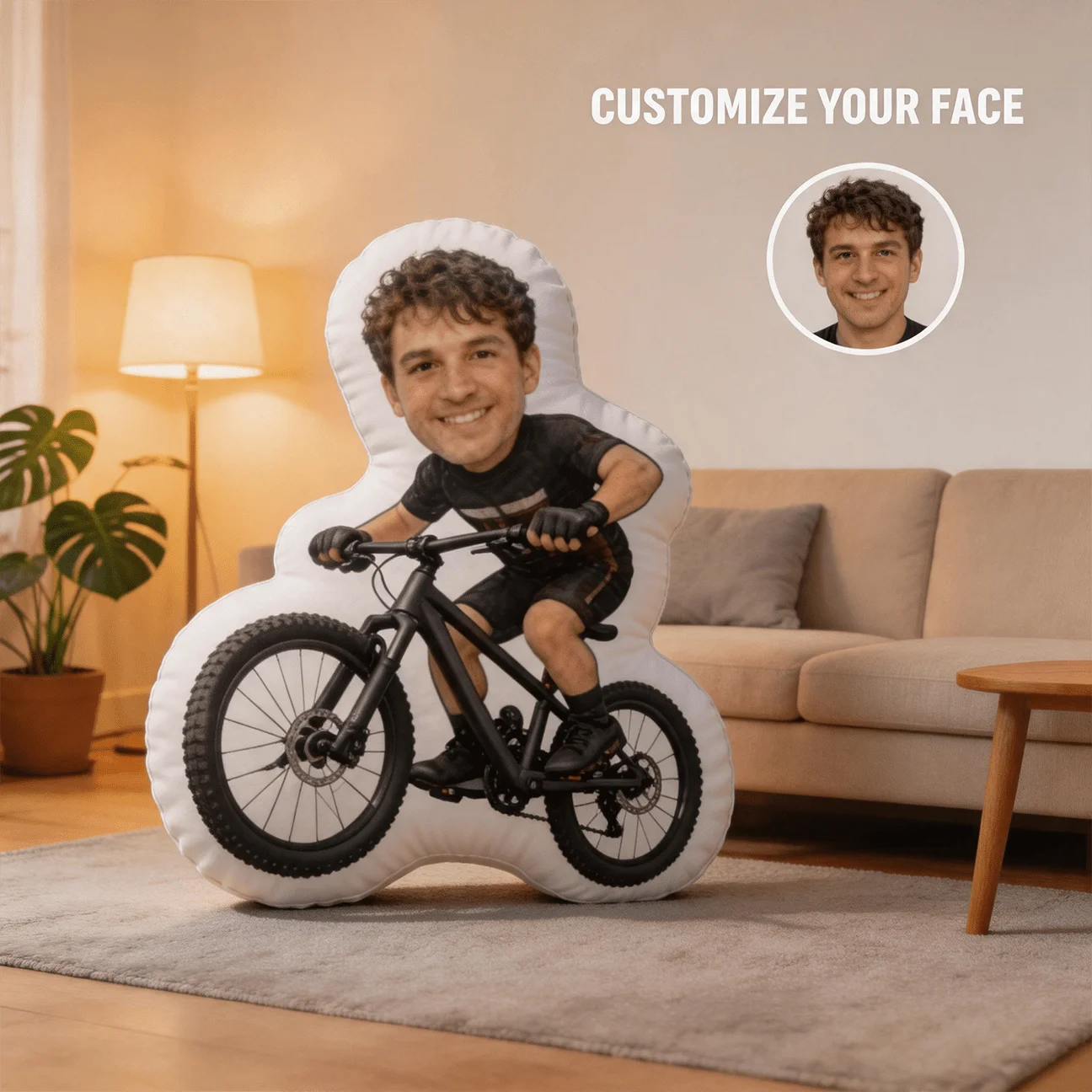 Customized personalized photo face pillow, mountain bike custom shaped decorative cushion, 60cm large decorative pillow, suitabl