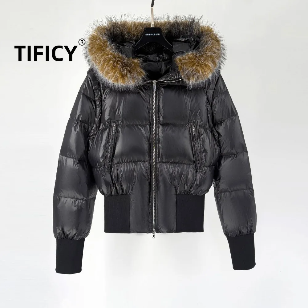 

High Street Dark RO Стиль Пуховики с капюшоном Женские короткие приталенные куртки со съемными рукавами и меховым воротником с капюшоном на утином пуху