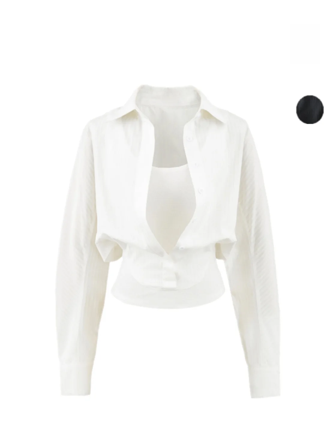

Slimming Effect White Collar Shirt Women's Spring Waist-Cinching Thin Two-Piece Top Casual Style Long Sleeve Short Length