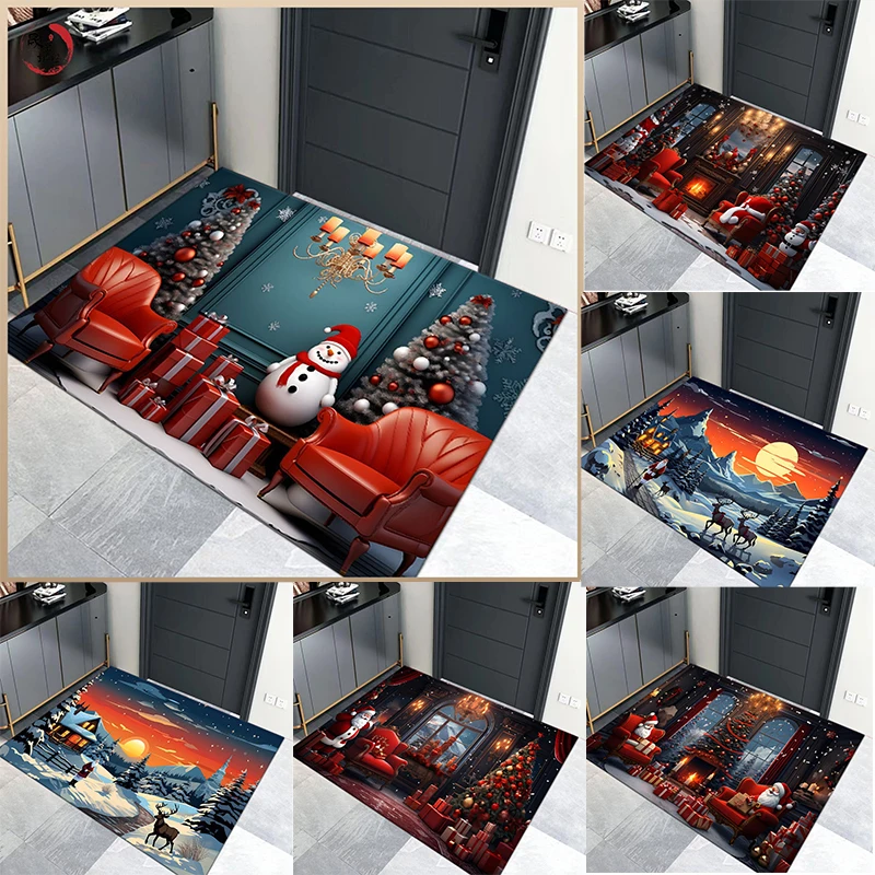 

3D Christmas Scene Door Mat with Santa Snowman Patterns Floor Mat for Home Entrance Decor Adding Festive Atmosphere