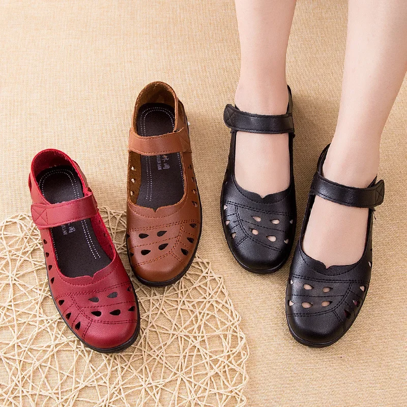 MVVJKESummer Ballet Flat Shoes Woman Hollow Leather Mary Jane Casual Shoes Ladies Genuine Loafers Shoes Woman  Sapato Femini