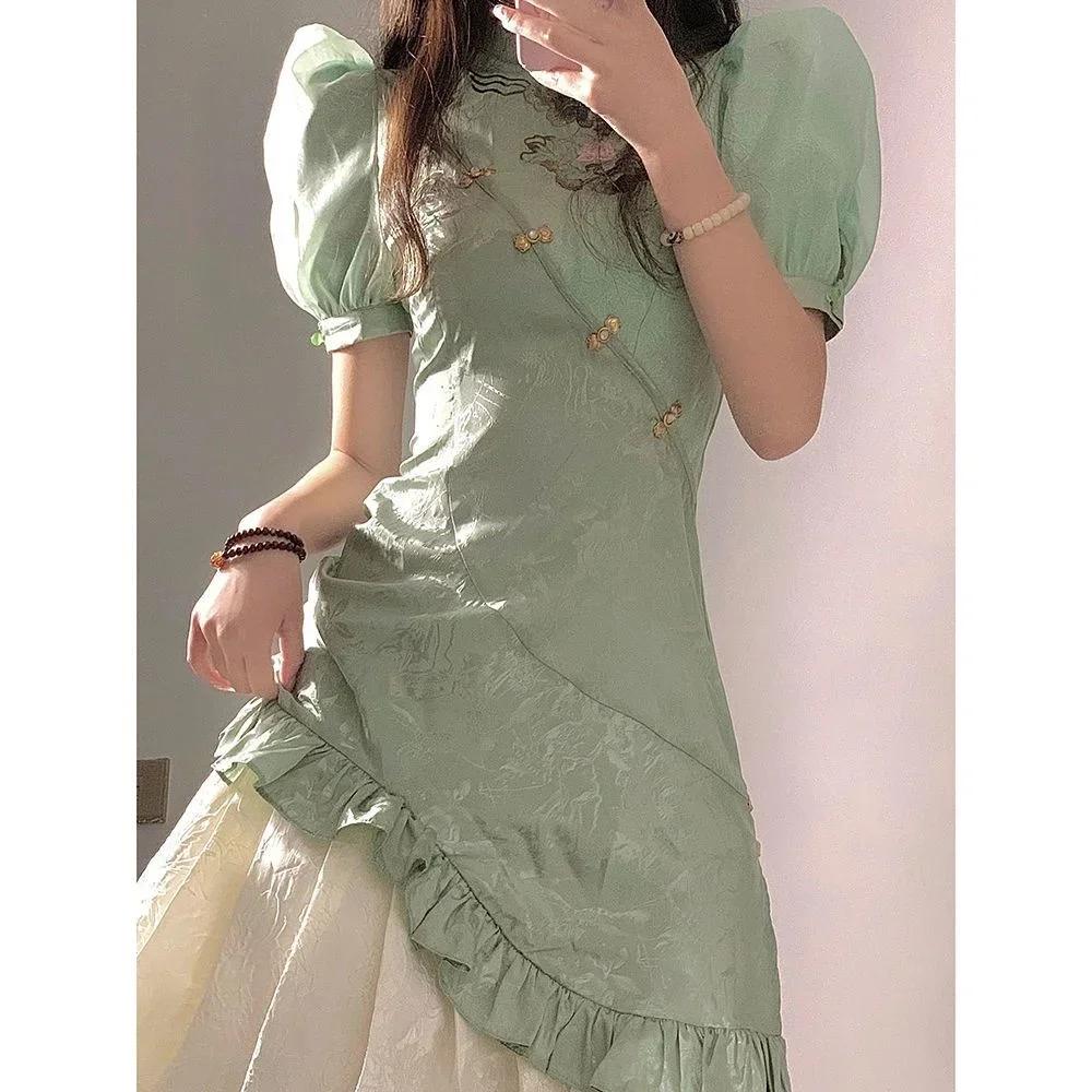 Double Layer Bubble Sleeved Improved Cheongsam New Modern Chinese Style Slim Dress 2025 Elegant Embroidery Traditional Qipao