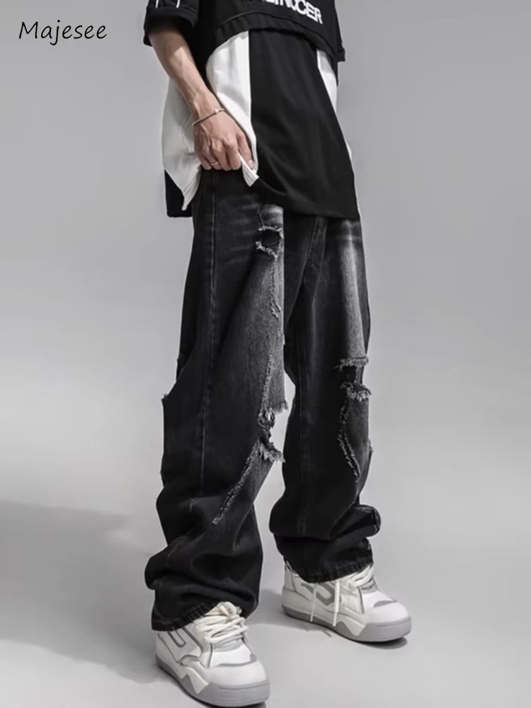 Jean ample pour hommes, trou droit, pleine longueur, Style américain, Vintage, pantalon en Denim, assorti avec tout, populaire, collège d'été, nouveau