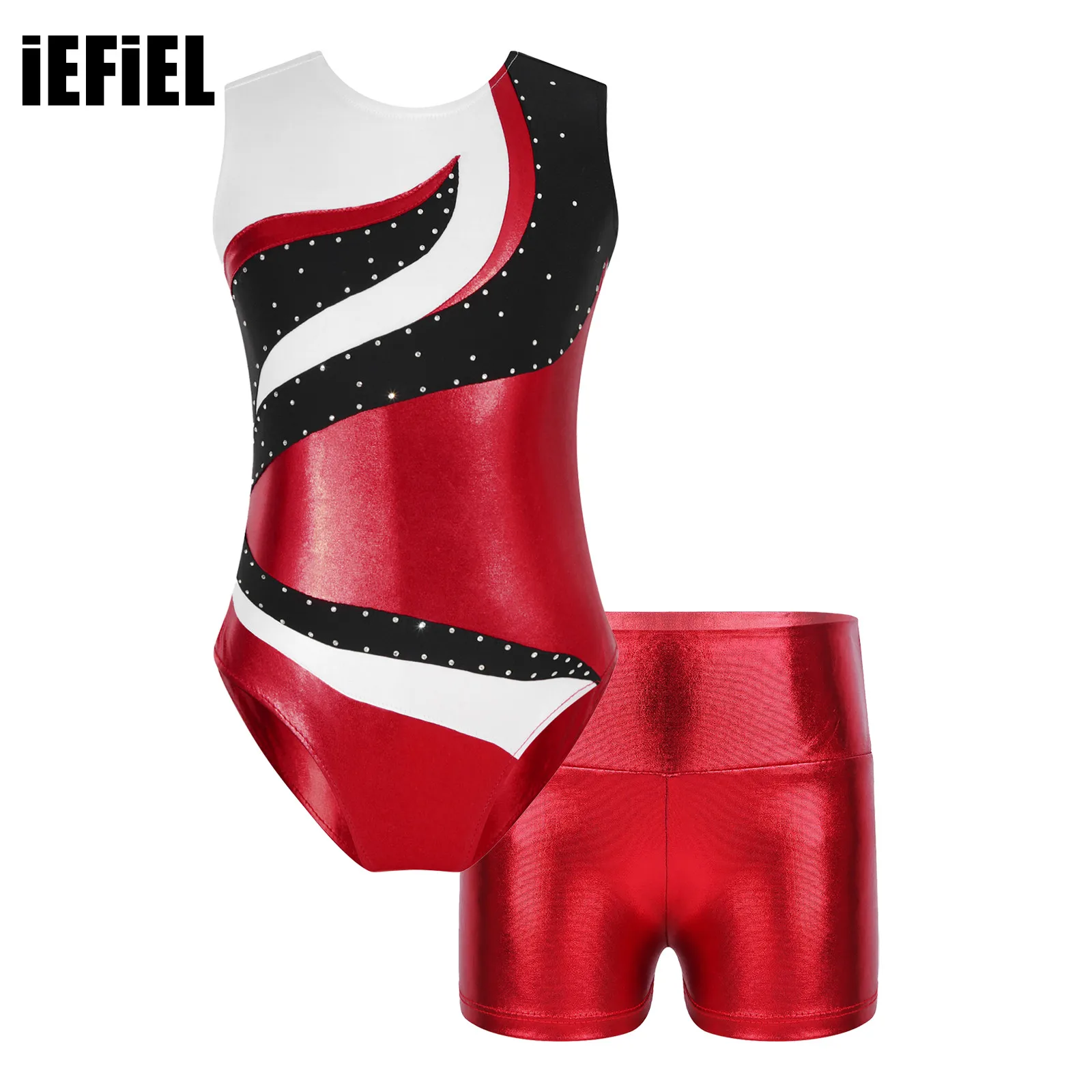 

Kid Girls Metallic Shiny Dance Sets Round Neck Rhinestones Decorated Contrast Color Patchwork Leotard with High Waist Shorts