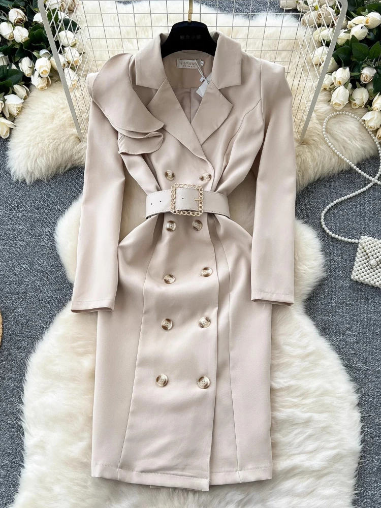 Elegante abito da pendolare con colletto, giacca a vento, cappotto autunno/inverno, vita con lacci, doppio petto, vestibilità slim, abiti di media lunghezza da donna