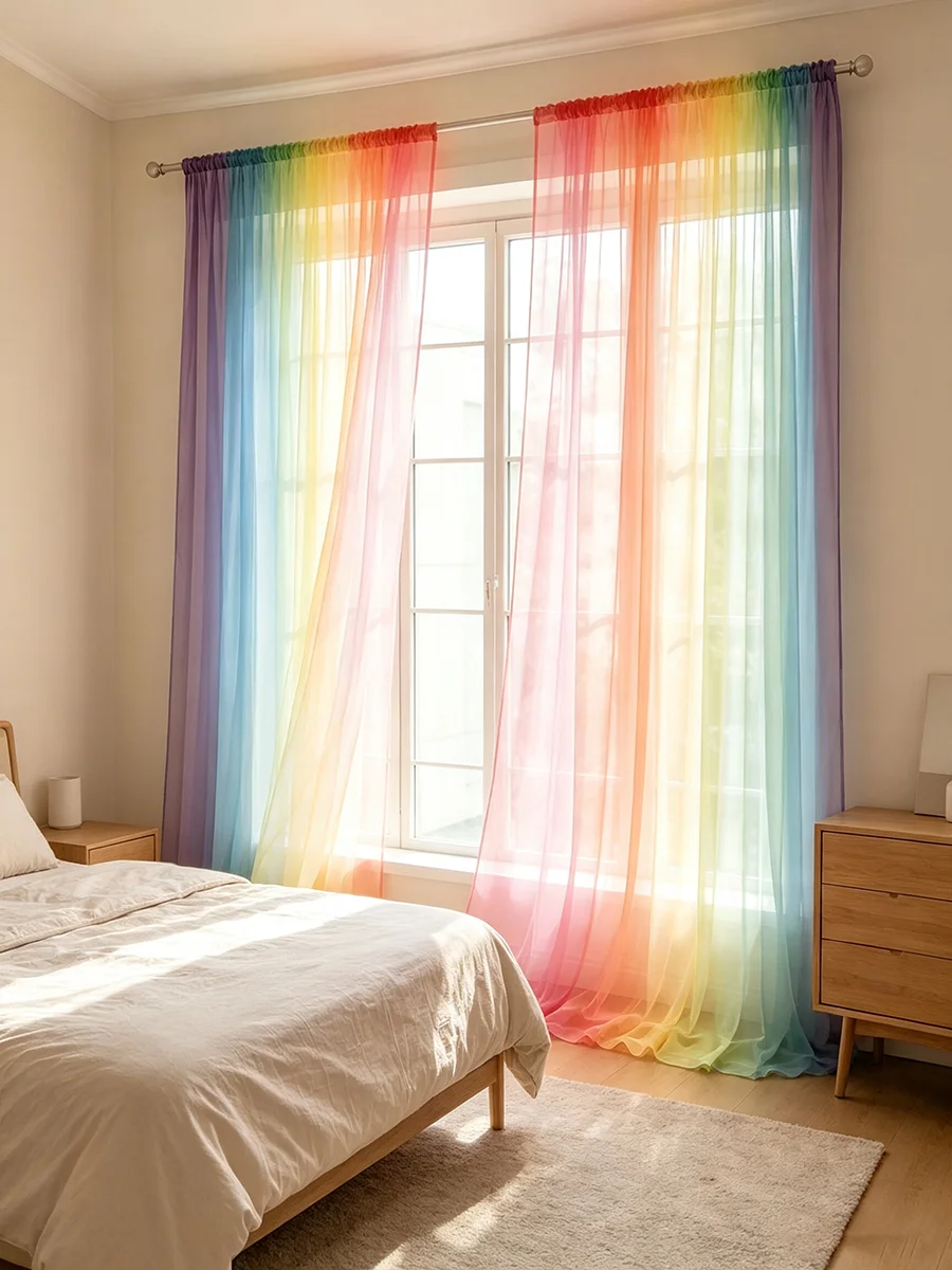 2PCS Digital Print Sheer Curtains Rainbow Gradient Print Colorful A&B Sheer Window Curtains