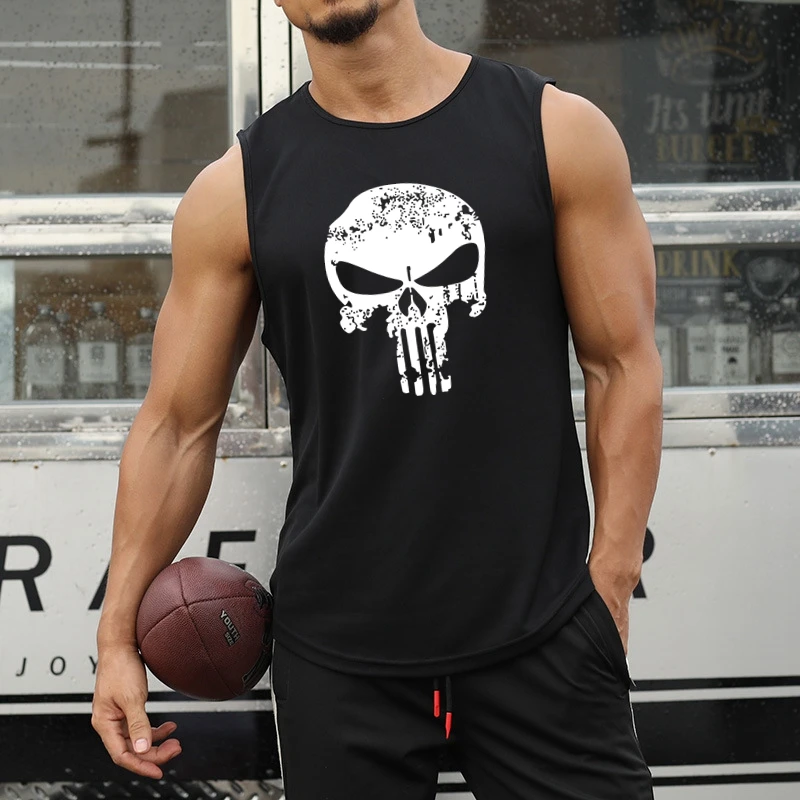 Men\'s Skull Print Tank Top gym shirt clothing Breathable Basketball Training Sportswear Outdoor quick-drying Fitness vest