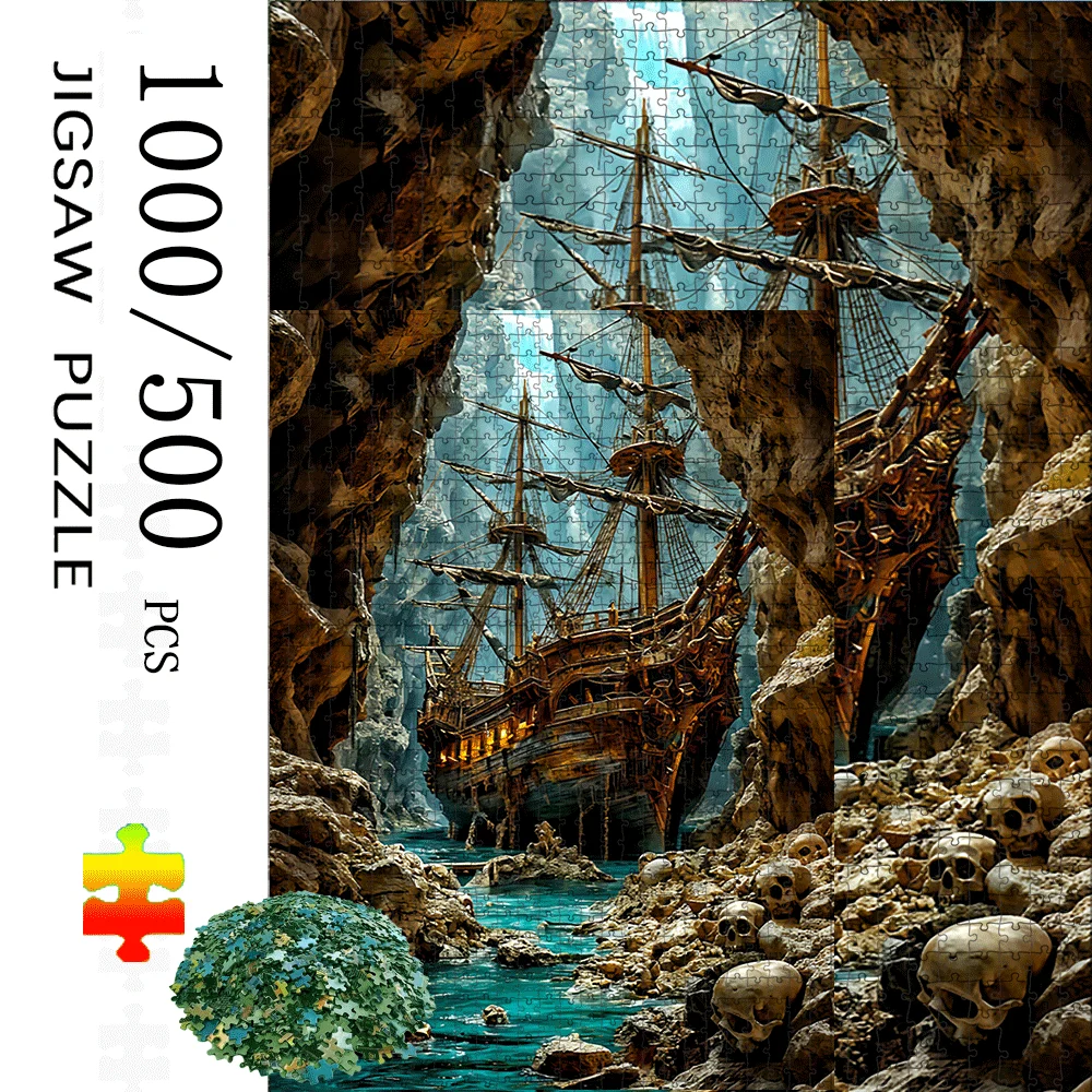 1000 or 500pcs Pirate Ship, Cave, Skull & Treasure Puzzle Suitable for Adults and Families - Large Group, DIY Brain Teaser Cha