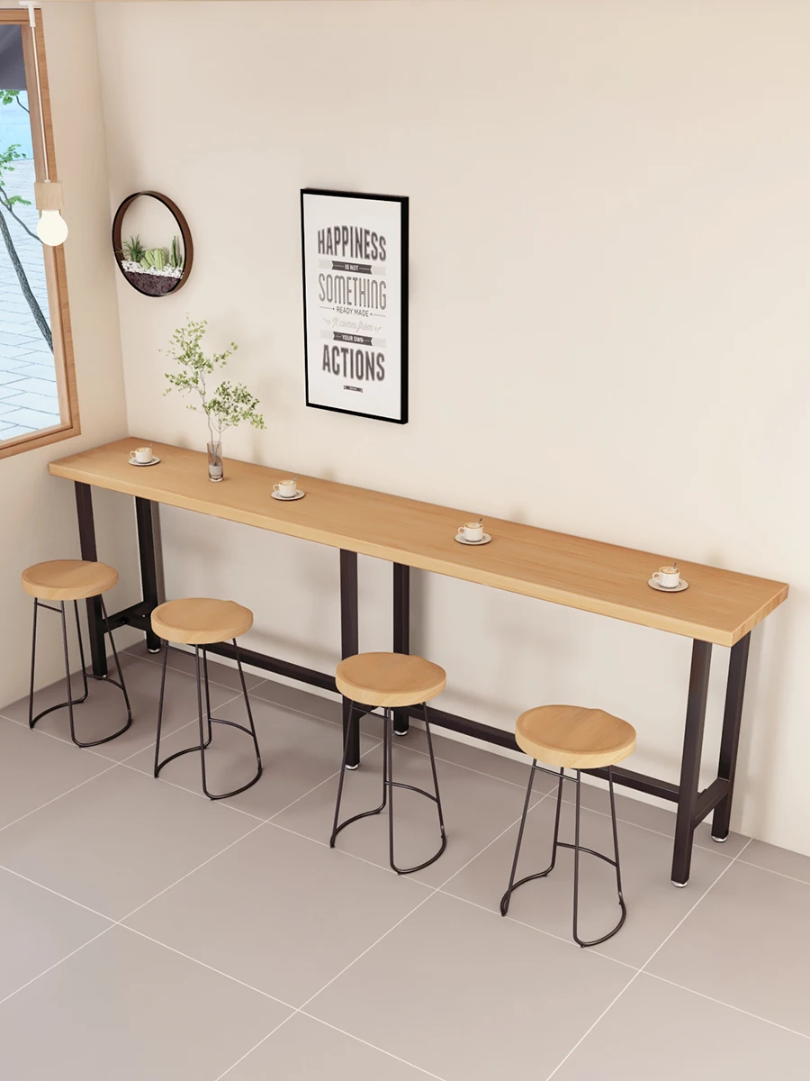 Commercial wall long table rectangular tall table bar milk tea shop wrought iron wood narrow side table 1202