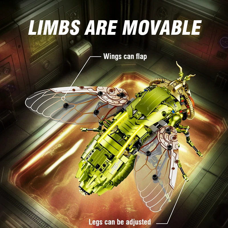 Mechanical Fruit Fly Building Blocks Cyberpunk Insect Model with LED Light DIY Collectible Display Toy for Teens Adult