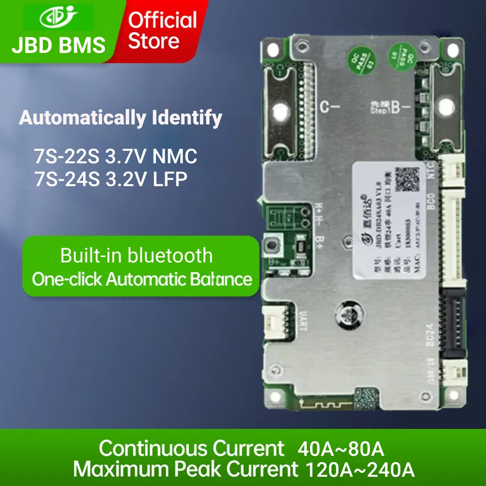 

JBD BMS 7S to 24S Smart BMS 8S 9S 10S 13S 16S 18S 21S 23S 24S 40A 50A 60A 80A LifePO4 LI-ION Батарея BMS Встроенный BT с UART