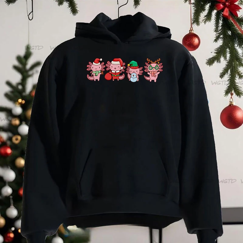 2025 Fashion Casual Christmas Hoodie Cartoon Anime Axolotl Pullovers Loose Long Sleeve Women Red Black Green Street Sweatshirts