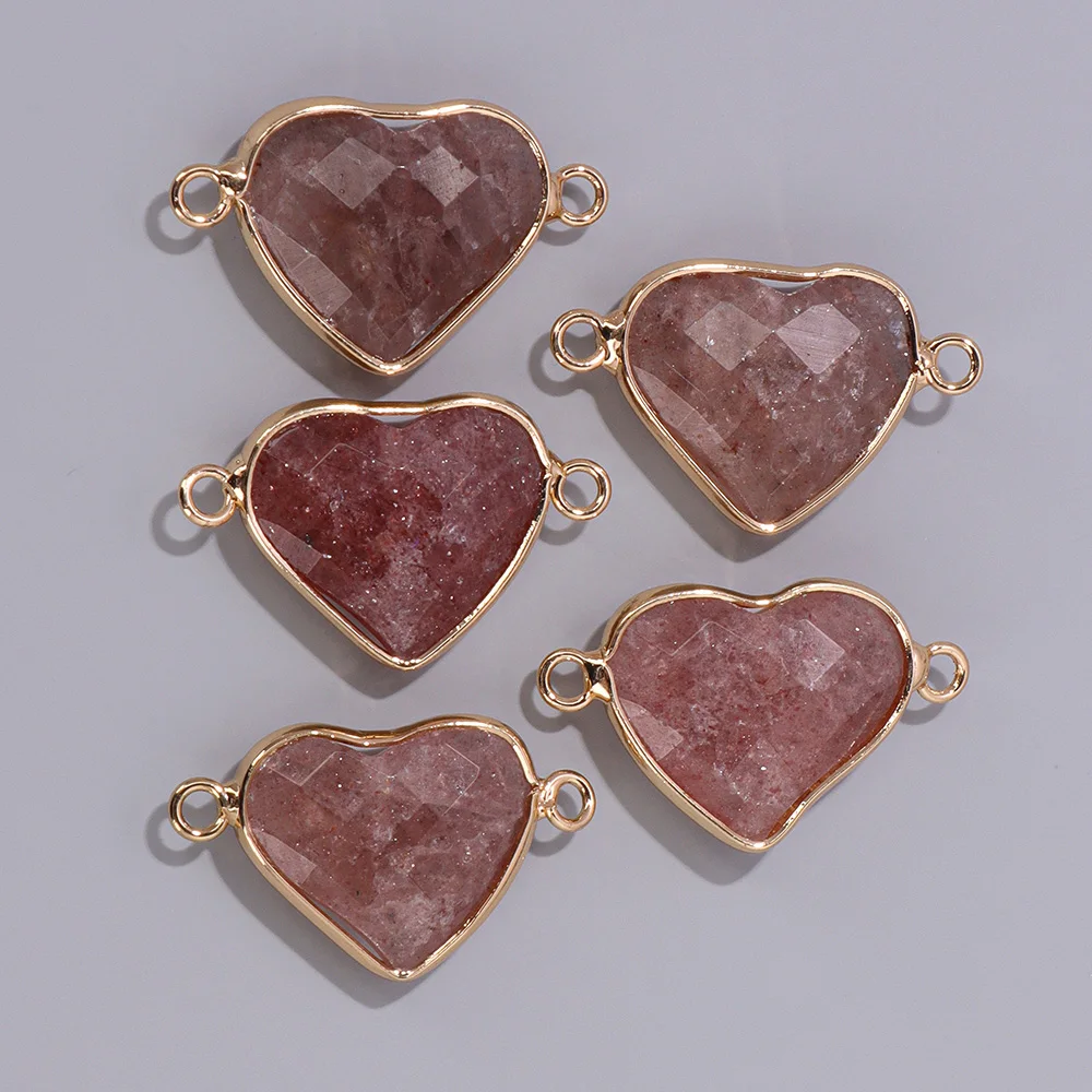 Conector de piedra de corazón de cuarzo rosa, 2 piezas, amatistas naturales, Ópalo de fresa, colgante de doble agujero para la fabricación de joyas, pulsera DIY