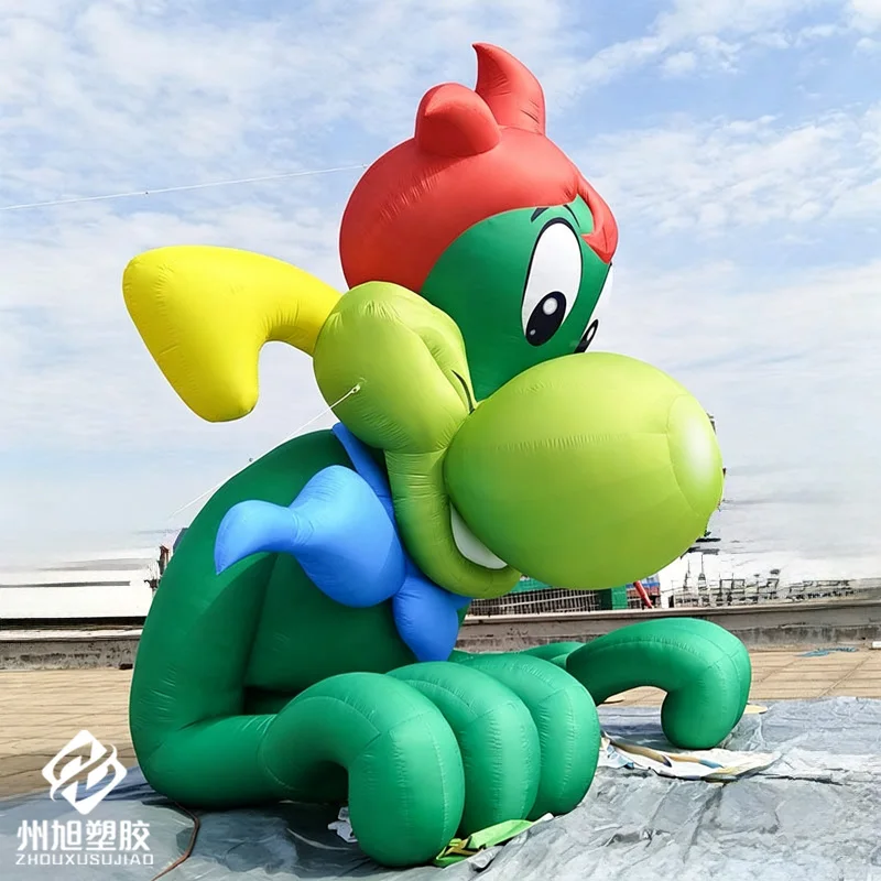 Inflatable cartoon dinosaur, decorative large eyes and red hair, inflatable cartoon character, inflatable dinosaur model