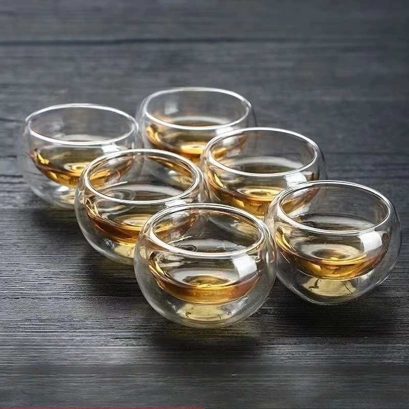 2/4/6Pcs Double Layer Glass Tea Cups Set Small Transparent Cup Kung Fu Heat Resistant Teaware Multi-Purpose Brewings Tea Cup