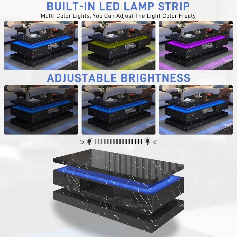 طاولة القهوة LED الحديثة عالية اللمعان 47.2 بوصة مع أدراج منزلقة، طاولة مركزية مزدوجة الطبقة، أضواء LED لديكور غرفة المعيشة #6