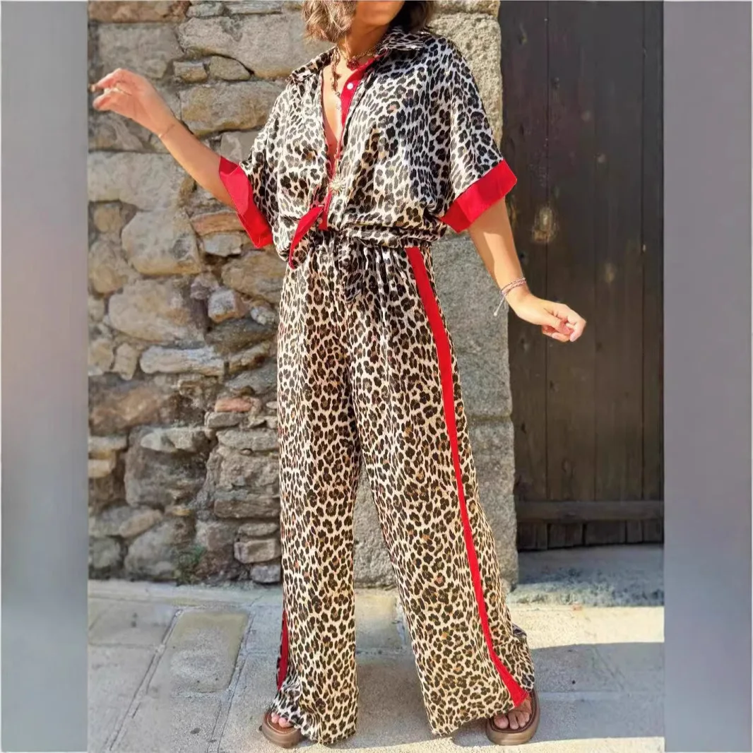 Retro Leopard Print Loose Loungewear Women Lapel Button Blouse Top+Pants Outfit Female Splicing Short Sleeve Women Holiday Sets
