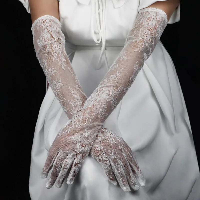 Women White Lace Thin Floral Embroidery Bridal Wedding Long Gloves High Quality Breathable Soft Etiquette Stage Performance