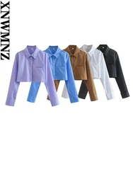 XNWMNZ Women Fashion Solid Simple Cropped Blouse Lapel Button Long Sleeve Slim Shirt Female Casual Vintage Streetwear Top