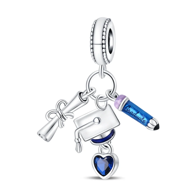 S925 Silver Color Graduation Certificate Bachelor's Hat Graduation Series Charms Beads Fit Pan Original Bracelets DIY Jewelry image 3