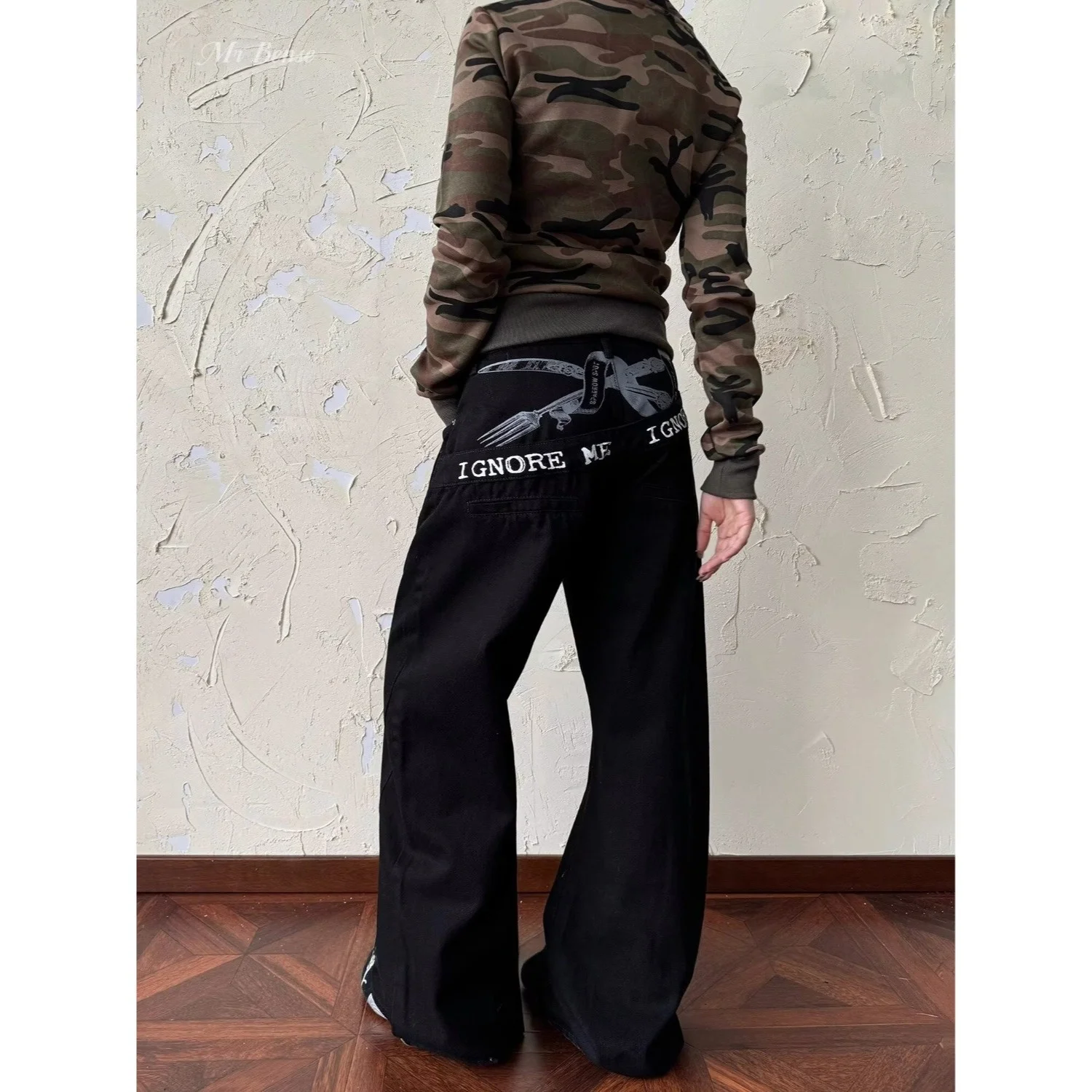 

Loose Wide Leg Jeans Women's American Letter Slogan Bend Knife Jeans Design Sensation Casual Pants for Couples Autumn Winter